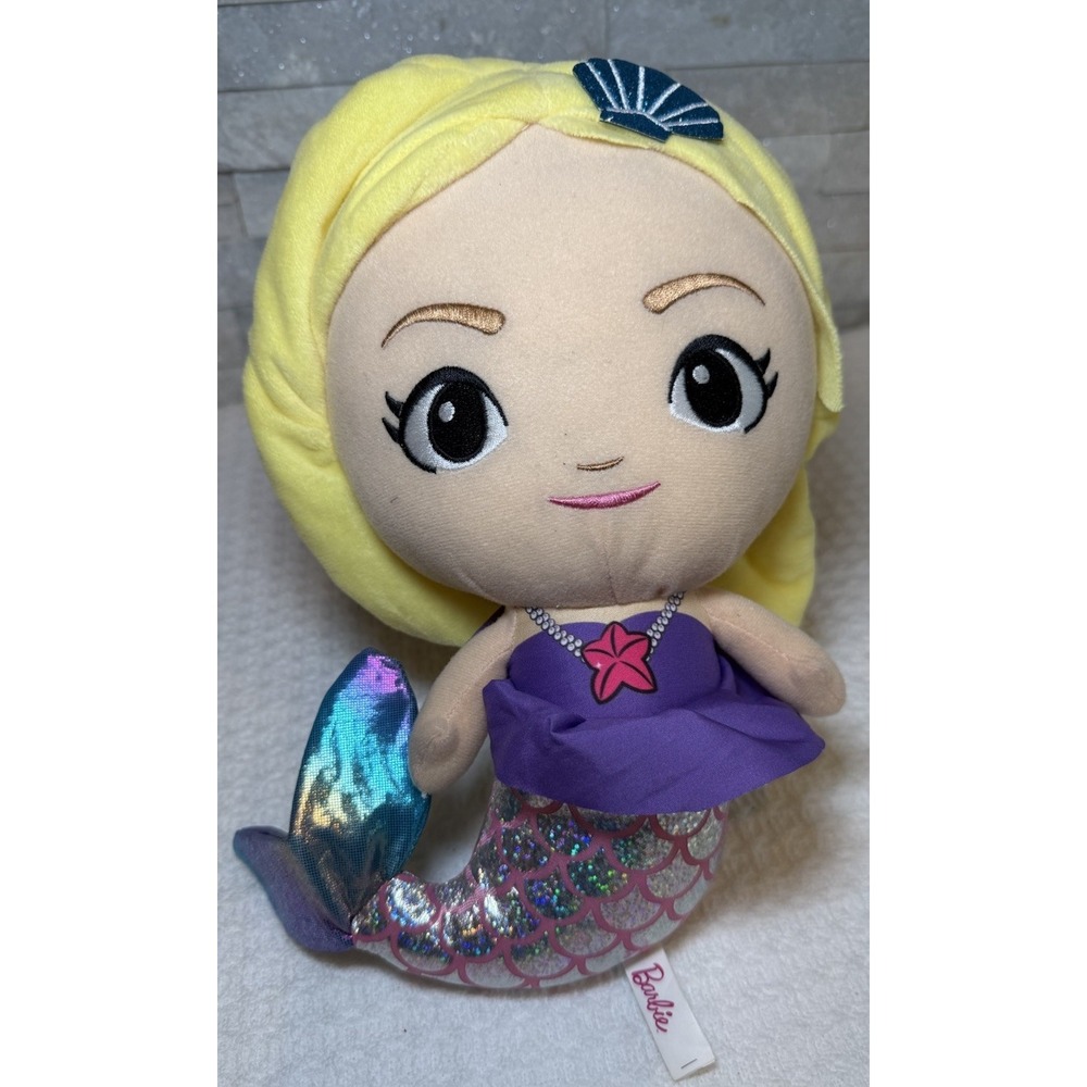 Barbie Mermaid Plush Doll Blonde Purple Glitter Tail Soft Stuffed Toy Mattel
